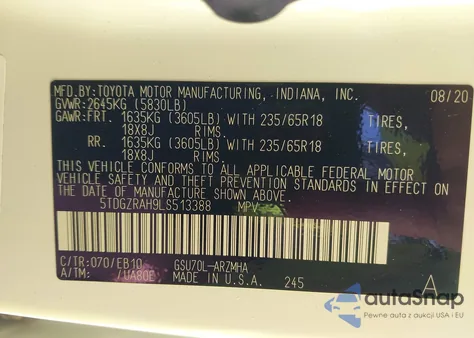 2020 Toyota Highlander Xle из США, поврежденный, VIN 5TDGZRAH9LS513388